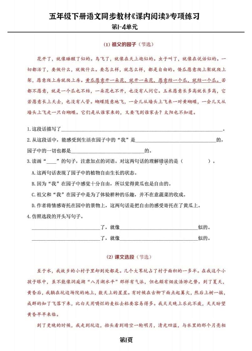 五年级下册语文《课内阅读》专练，同步教材1