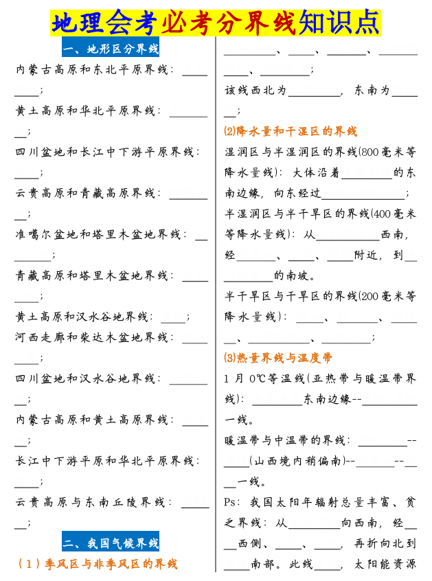 八年级地理会考必考分界线知识点