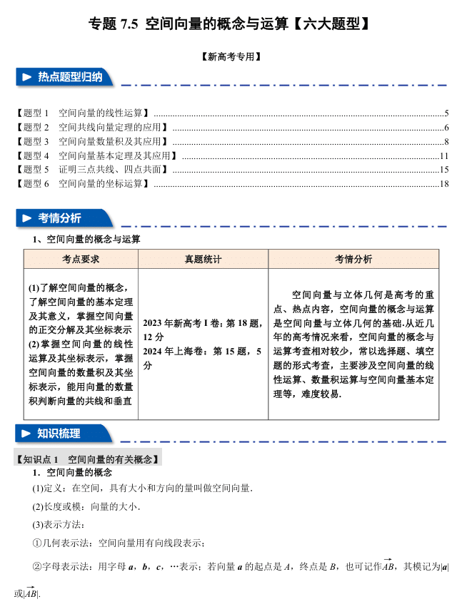2026年高考数学一轮复习【举一反三】专练(新高考专用)专题练系列 7.5 空间向量的概念与运算【六大题型】
