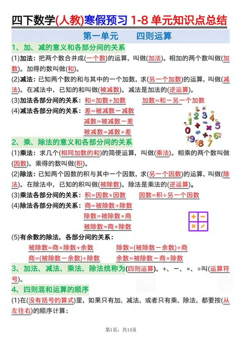 26春四年级下册人教数学寒假预习1-8单元知识点总结14页