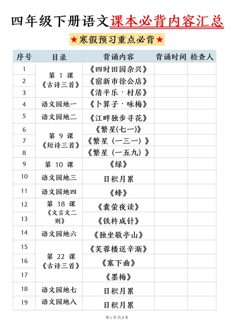 四年级下册语文寒假预习课本必背内容汇总（9页）
