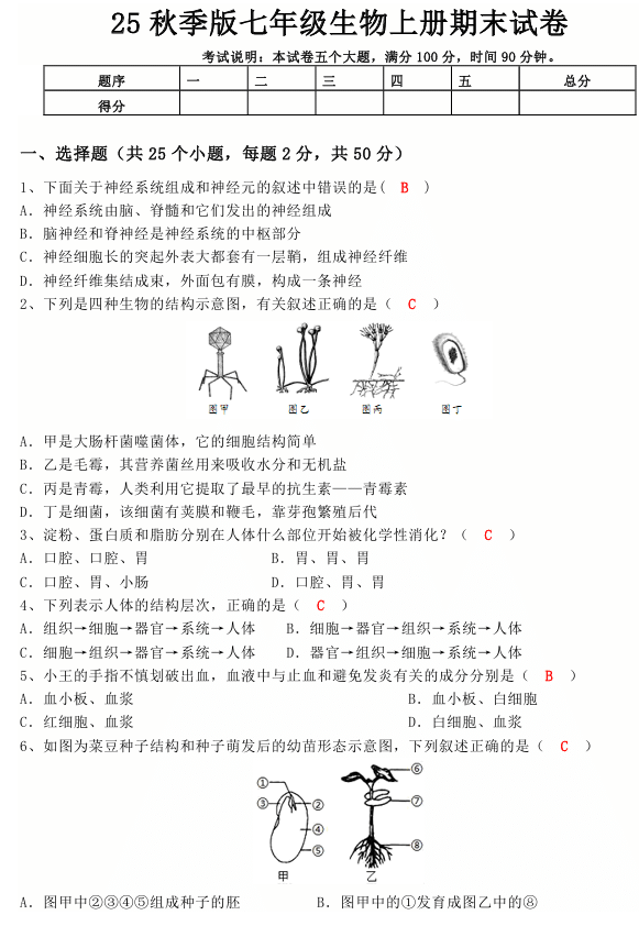 【2025秋新版】七年级生物上册期末试卷