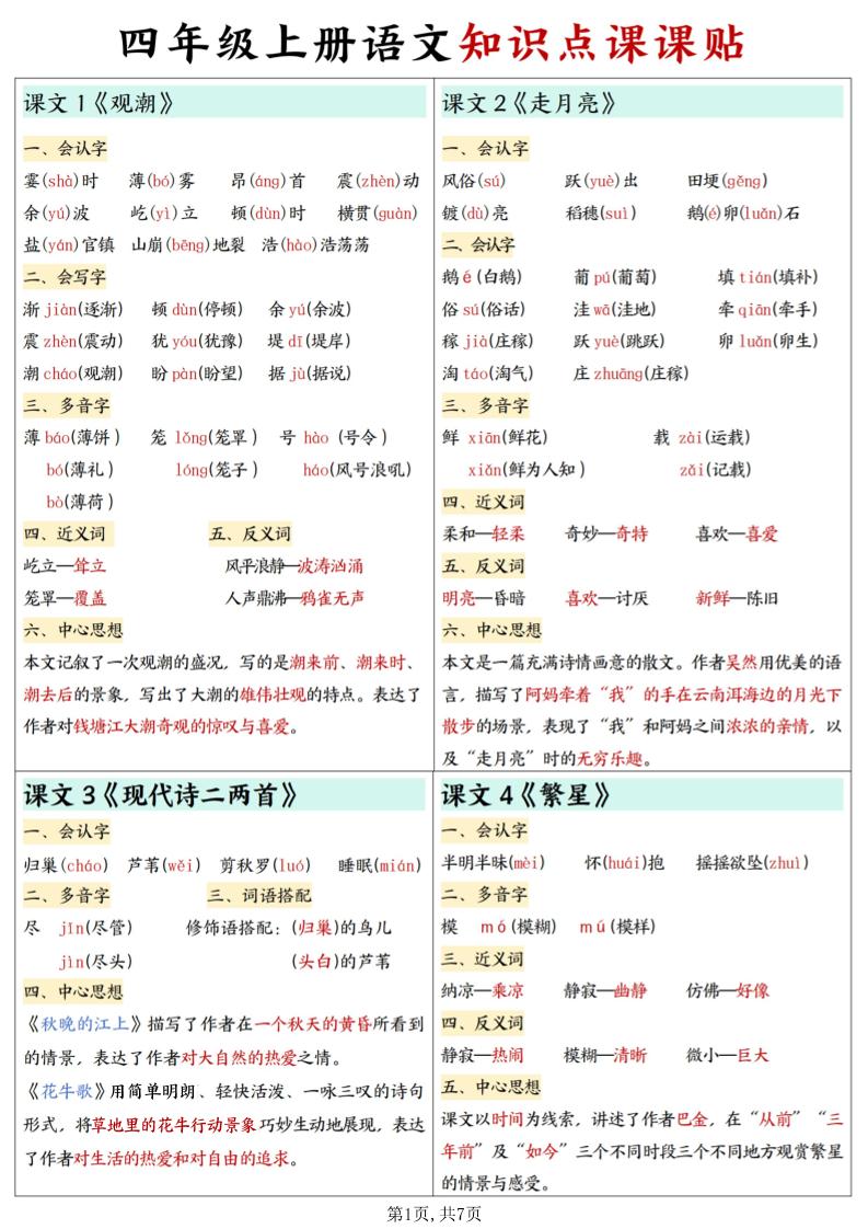 四年级上册语文知识点课课贴7页