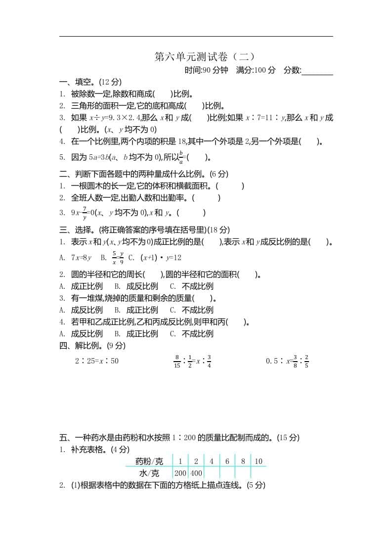 六年级下册苏教版数学第六单元测试卷-2