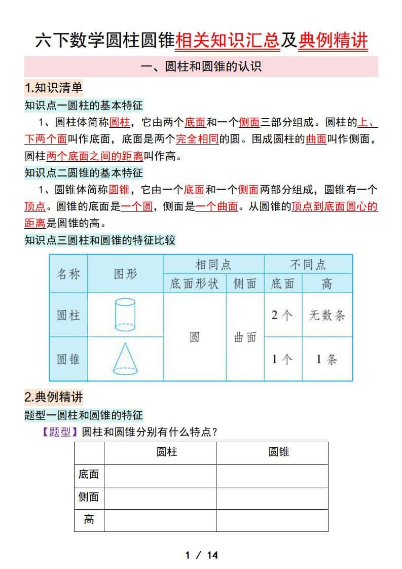 六年级下册数学圆柱圆锥相关知识汇总及典例精讲