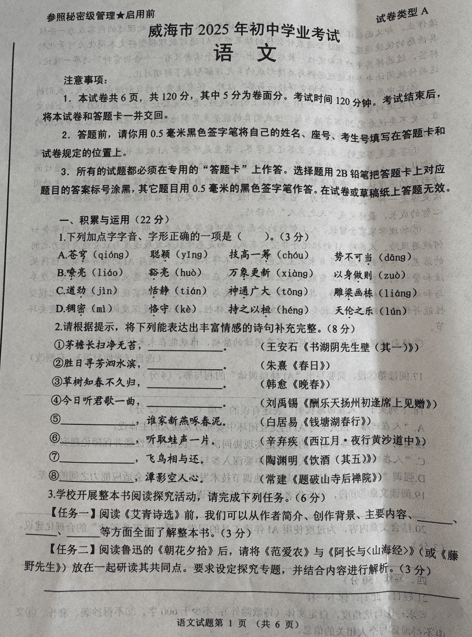 2025年山东省威海市中考语文真题