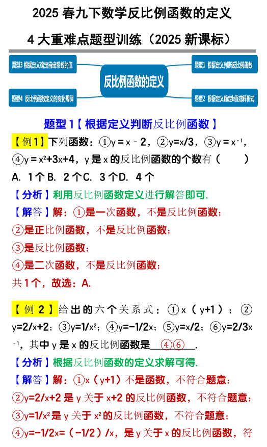 九年级下册数学反比例函数的定义4大重难点题型训练