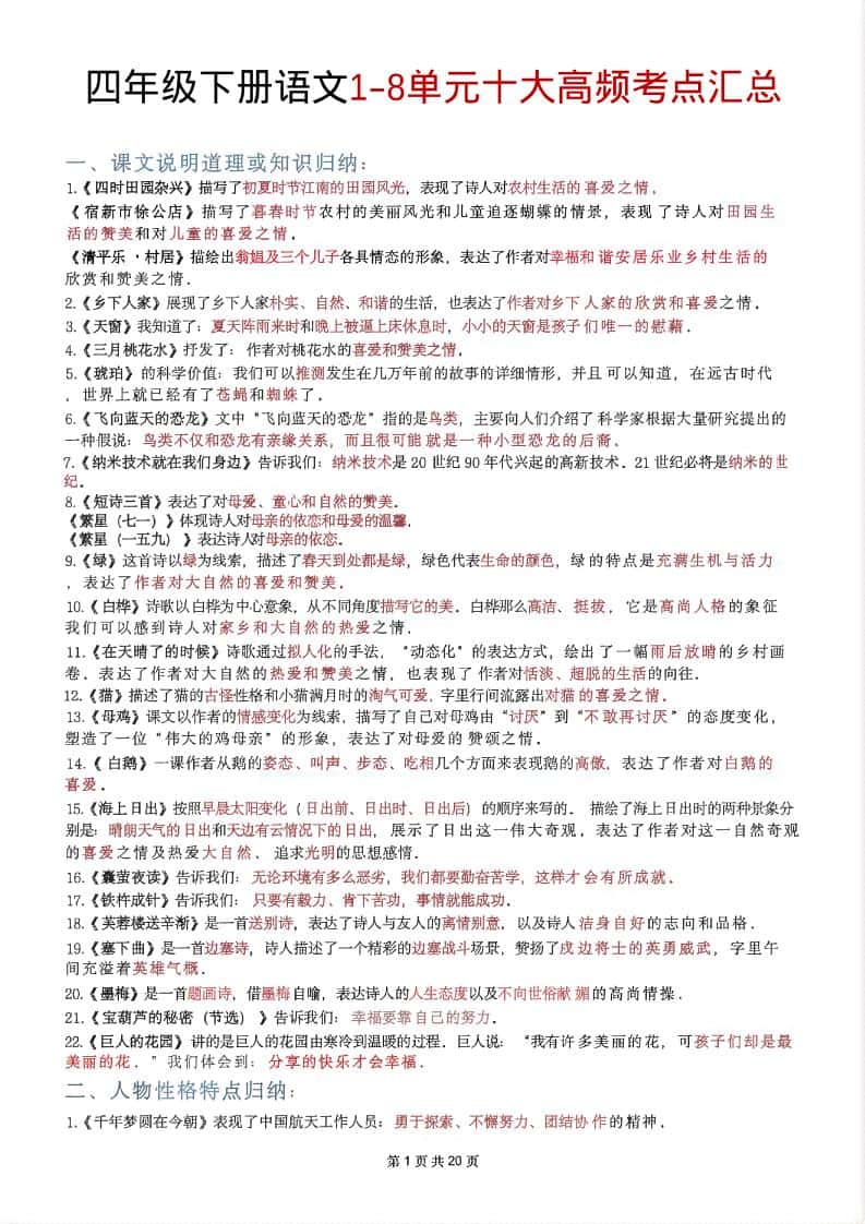 四年级下语文1-8单元十大高频考点汇总