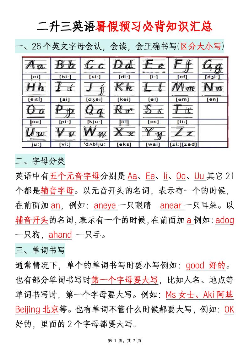 二升三英语暑假预习必背知识汇总通用版