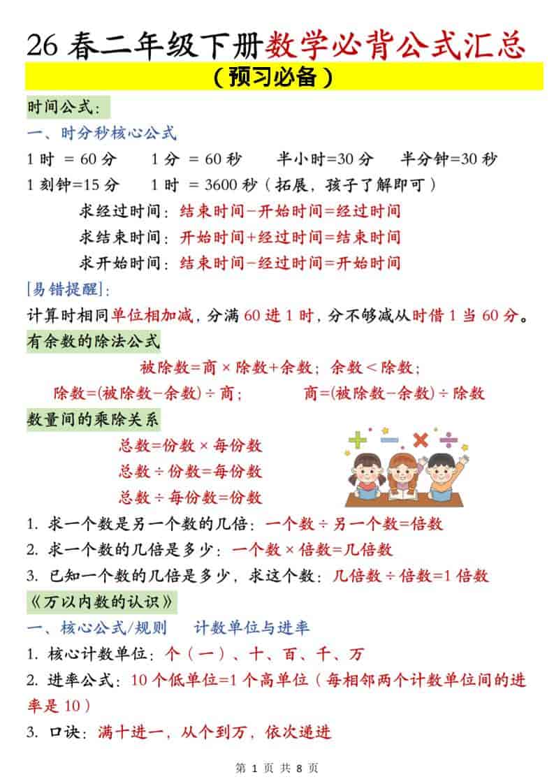 二年级下数学必背公式汇总《人教版》