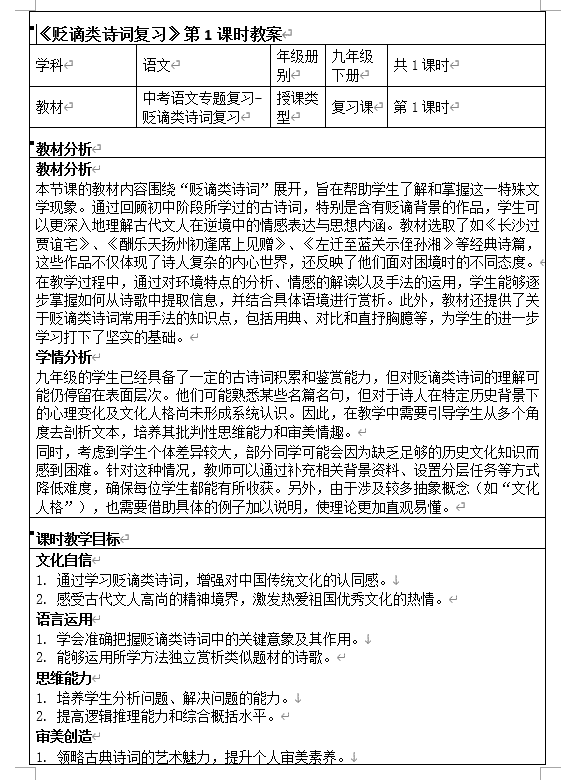 中考语文一轮复习:贬谪类诗词复习教学设计