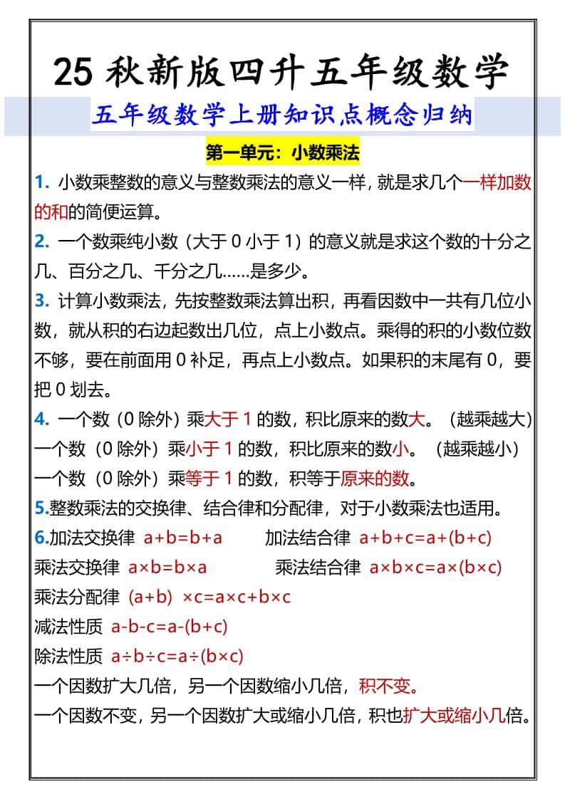 【2025秋新版】五年级数学上册知识点概念归纳