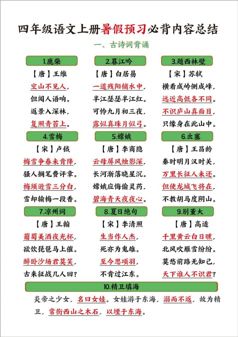 四年级语文上册暑假预习必背内容总结