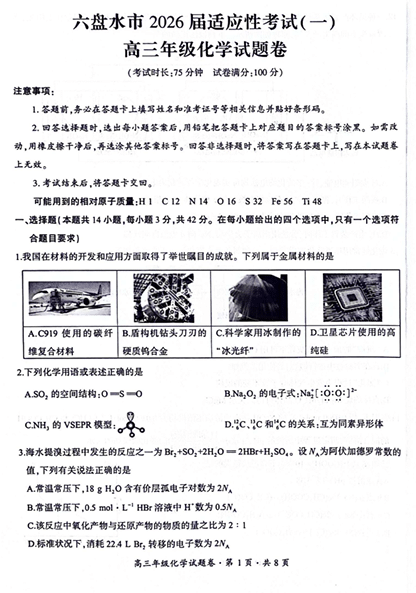 贵州省六盘水市2026届高三上学期适应性考试（一模）化学试题