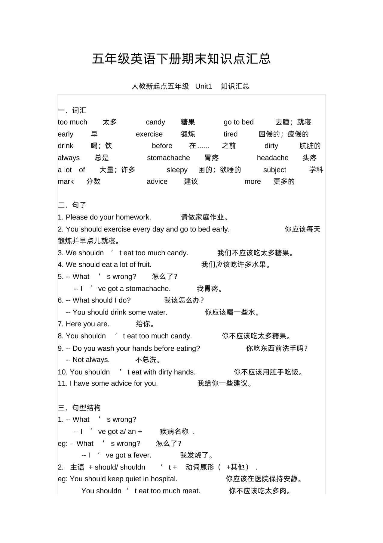 五年级英语下册期末知识清单汇总(人教新起点)