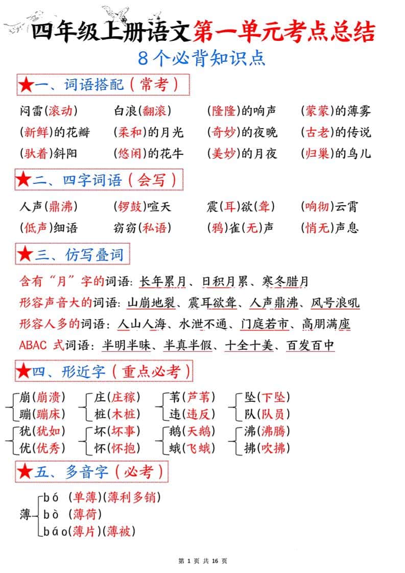 四年级语文上册1-8单元考点总结（8个必背知识点）