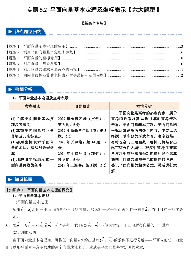 2026年高考数学一轮复习【举一反三】专练(新高考专用)专题练系列 5.2 平面向量基本定理及坐标表示【六大题型】
