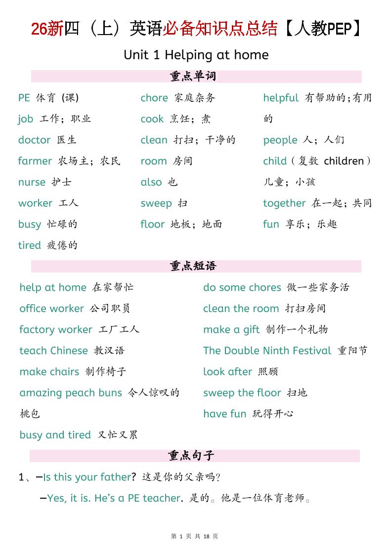 26新四年级上册英语必背知识点总结《人教PEP版》