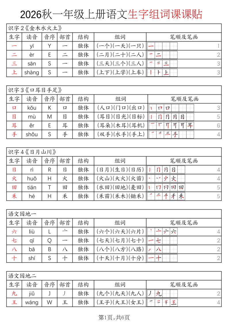 2026秋一年级上册语文暑假预习《生字组词课课贴》