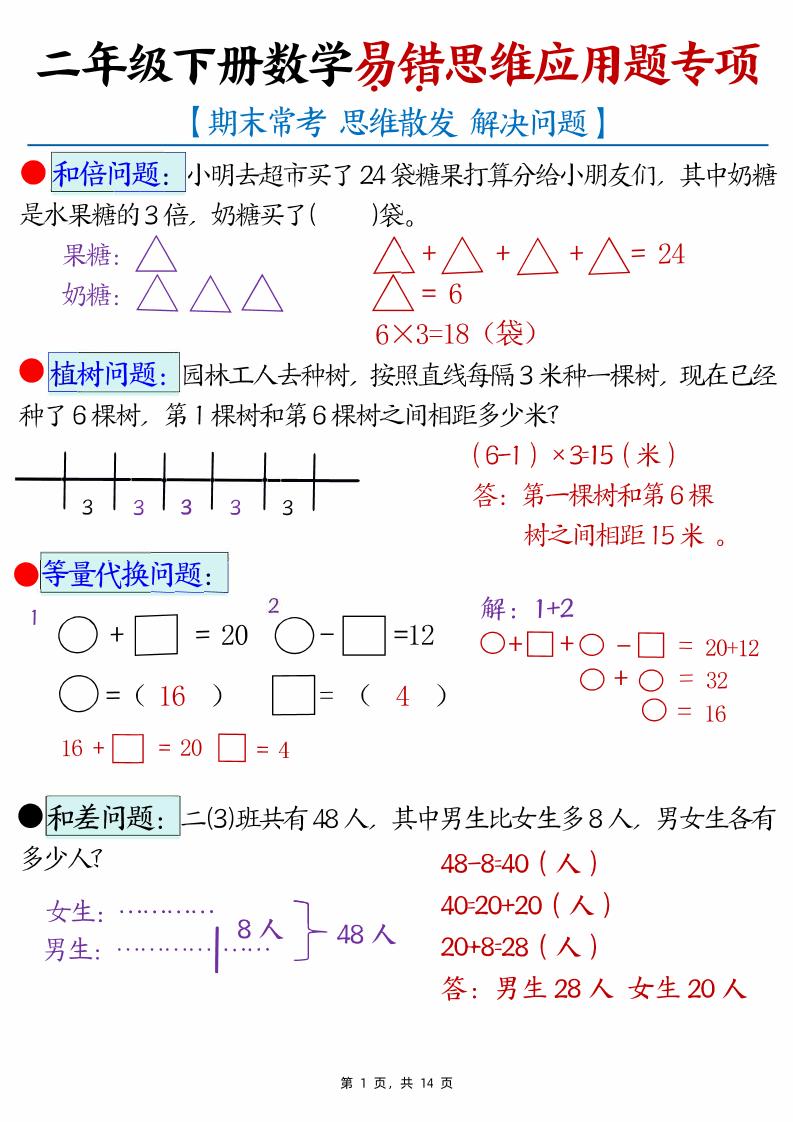 （期末常考30道母题）二年级下册数学易错思维应用题专项（练习题+答案）