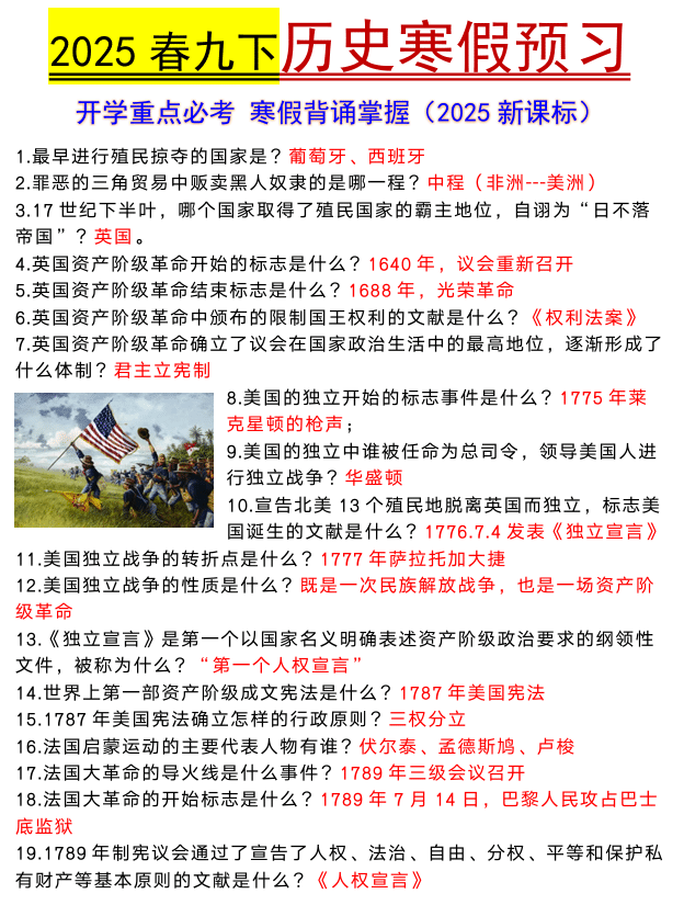 九年级下册历史寒假预习重要考点速记