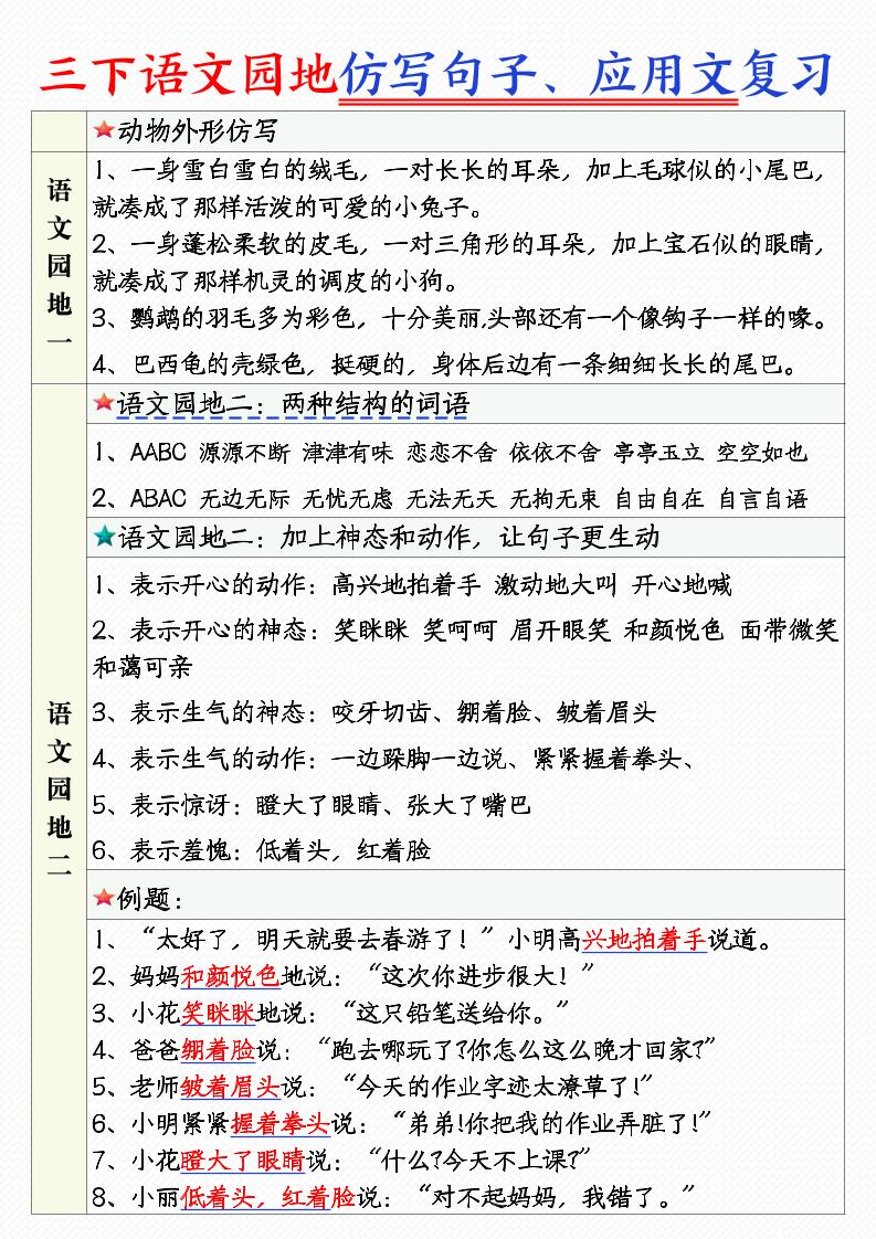 三年级下语文1-8单元语文园地句子仿写+应用文专练
