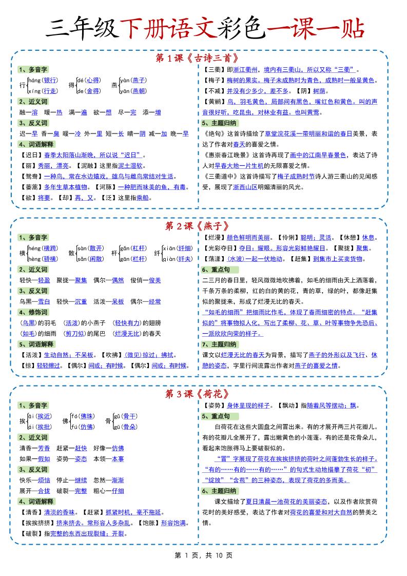 新版三年级下册语文彩色一课一贴（课内重点课课贴）10页