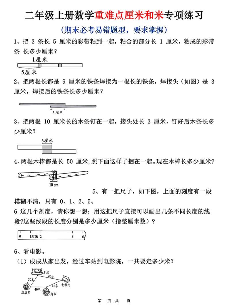 二年级上册数学重难点厘米和米应用题易错专项练习（含答案10页）