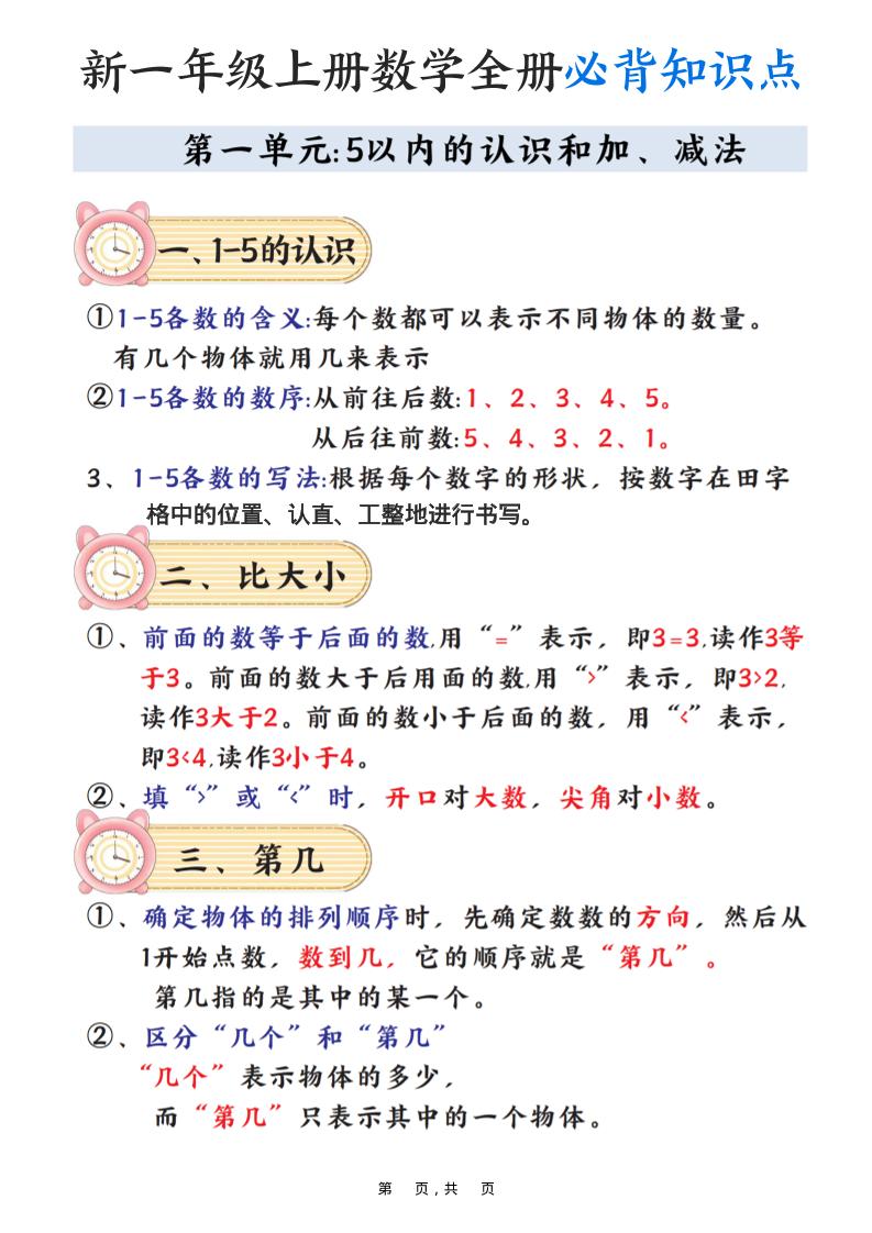 新一年级上册数学全册必背知识点笔记（8页）