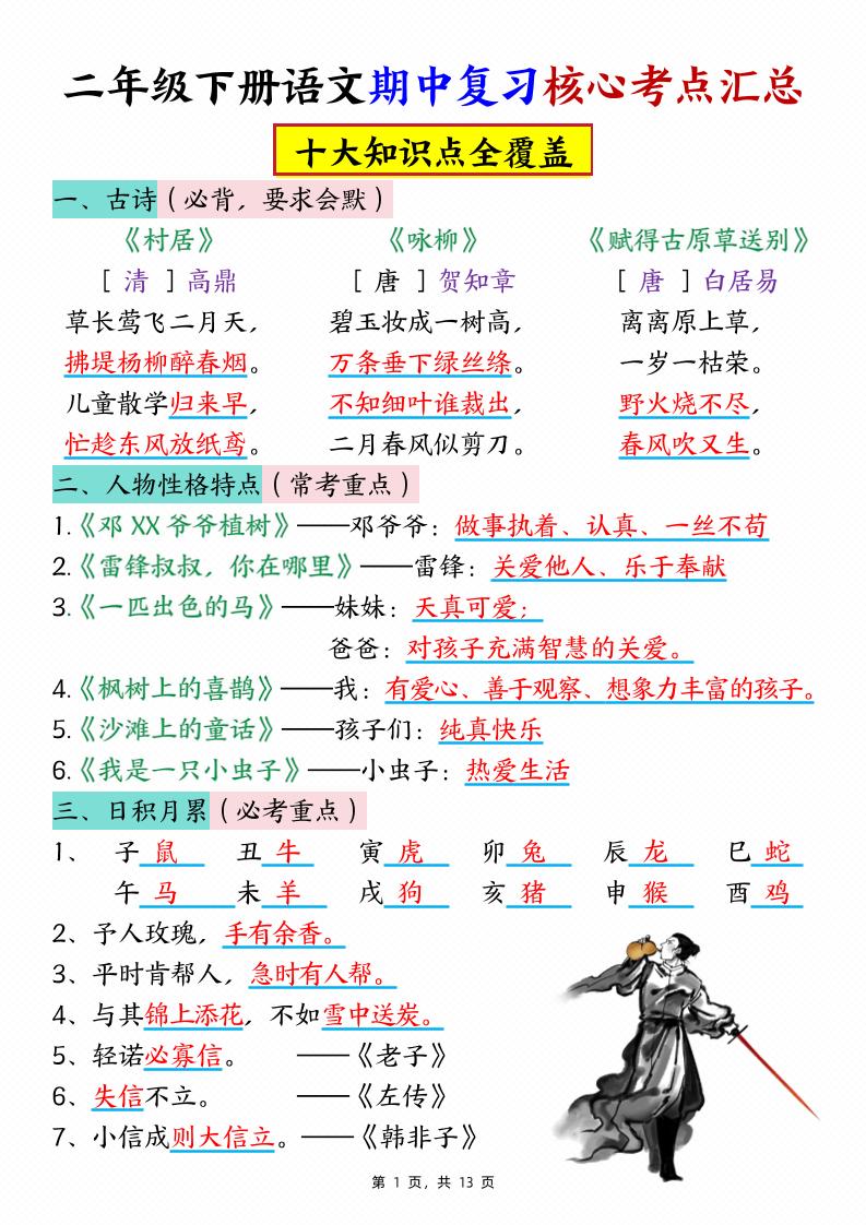 二年级下册册语文期中复习核心考点汇总（10大知识点）13页