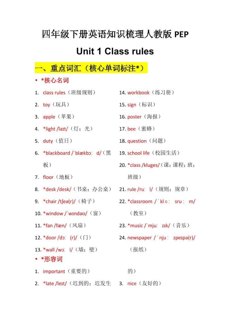 四年级下英语Unit1知识梳理+默写单《人教版PEP》