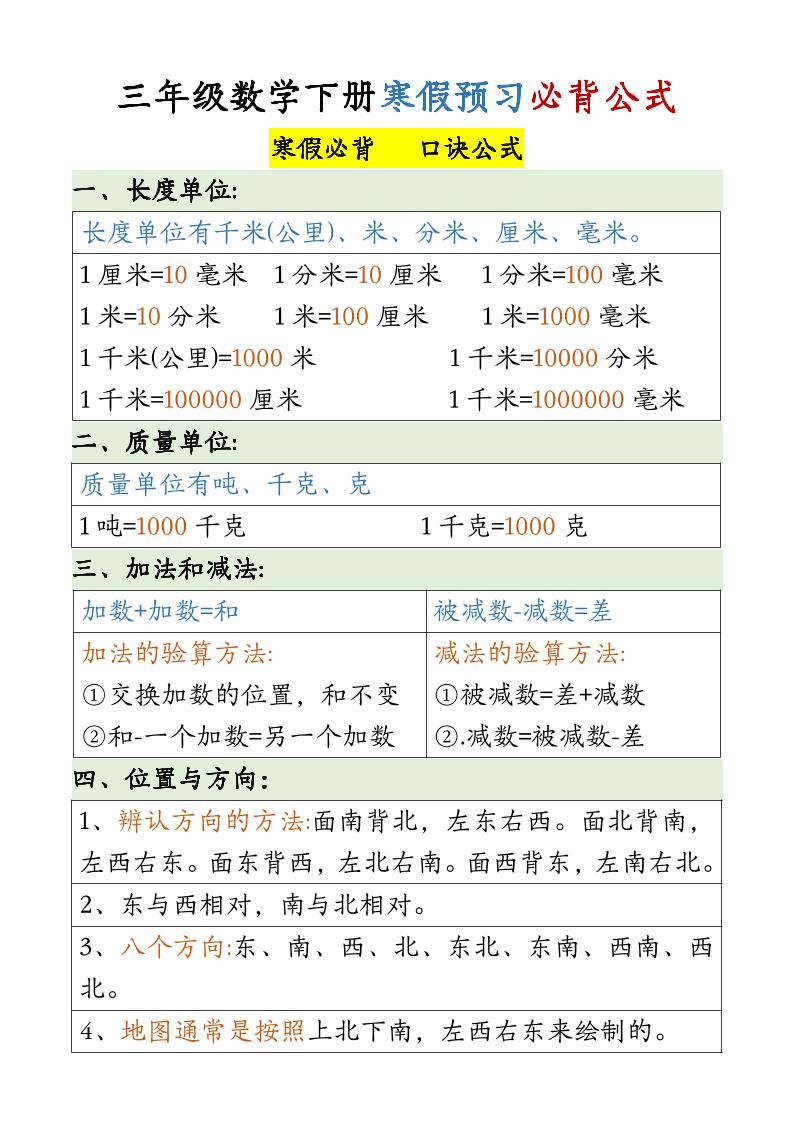 三年级下册数学必备公式大全(3)