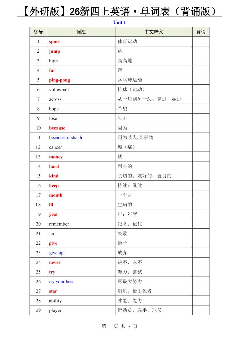 【外研版】26新四年级上册英语·单词表（背诵版）