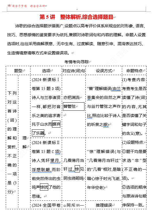 2026版《高中全程复习方略》 语文 强基版 专题五 第三节 第5讲 整体解析,综合选择题目