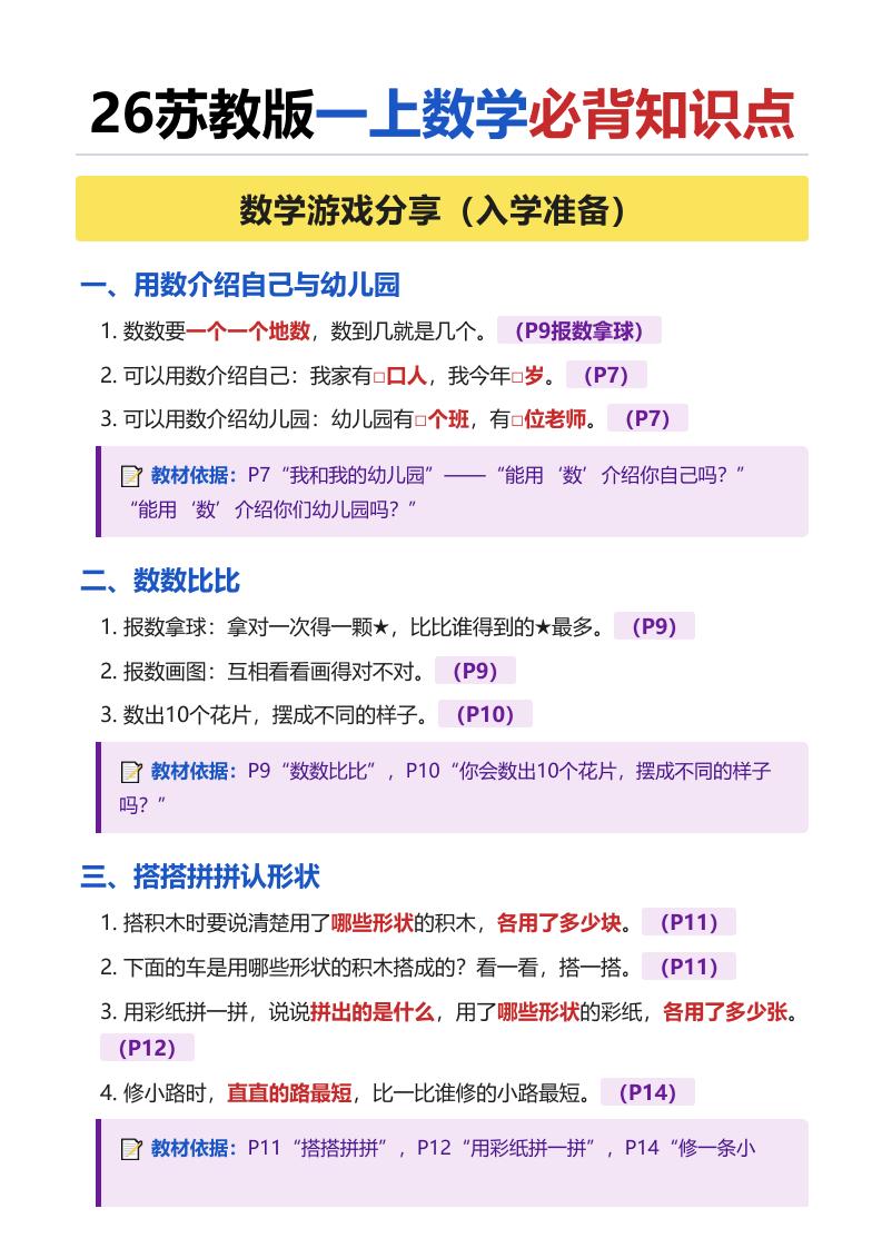26苏教版一年级上册数学必背知识点（全册）