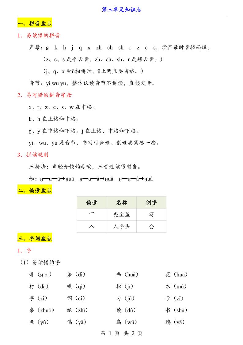 新一年级上册语文第3单元（知识点）