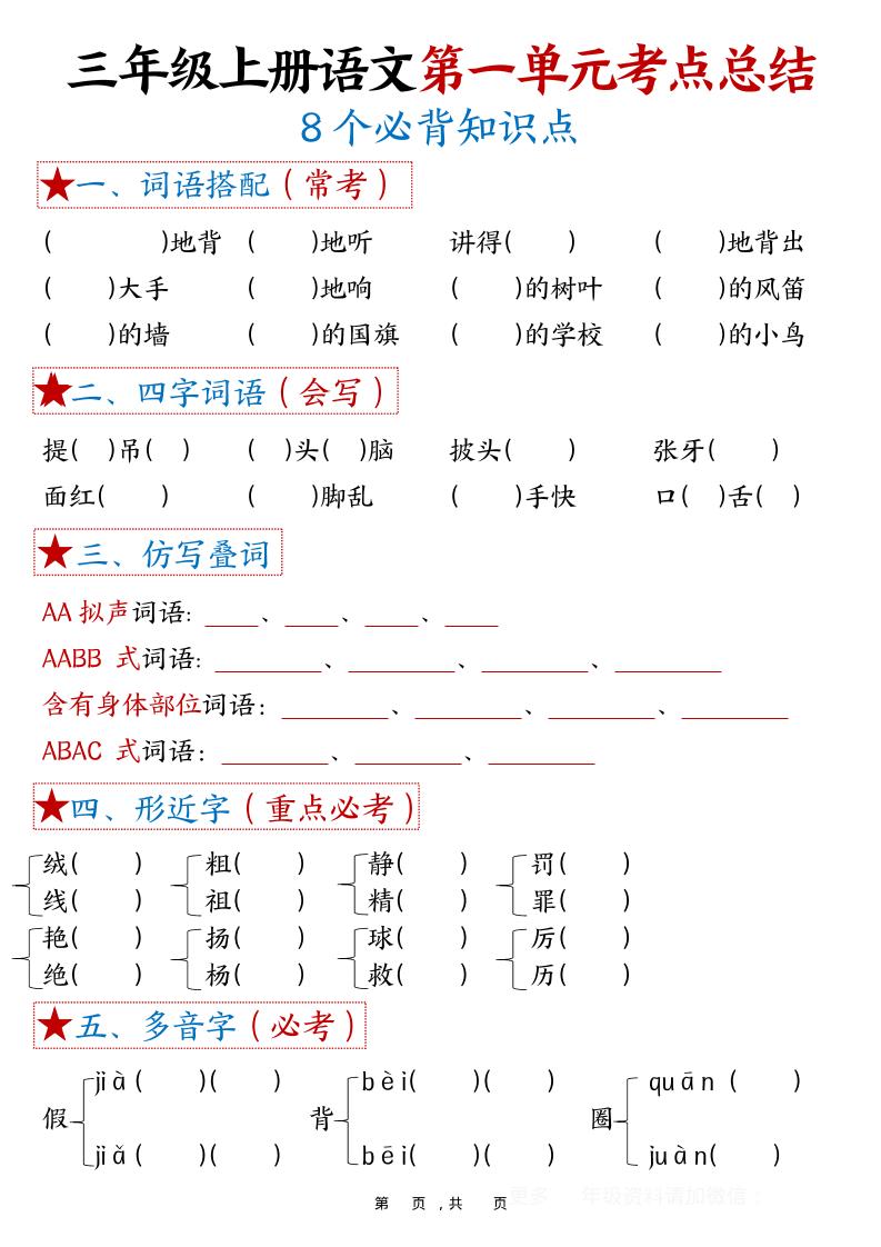 三年级上语文1-8单元考点总结（8个必背知识点）
