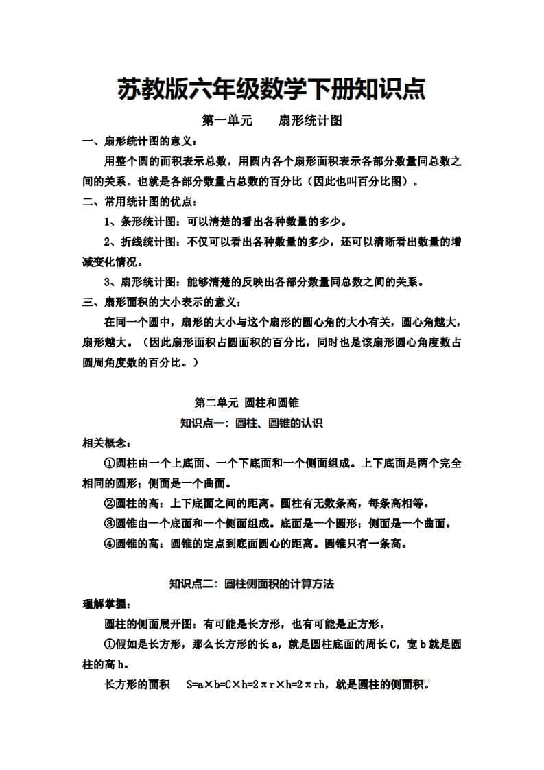 六年级下册苏教版数学知识点