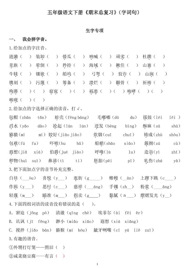 五年级下册语文《期末总复习》