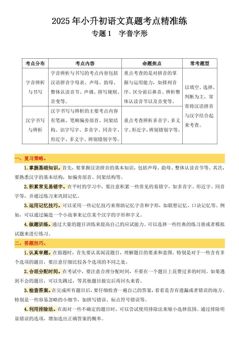 小升初语文备考真题分类汇编专题1字音字形