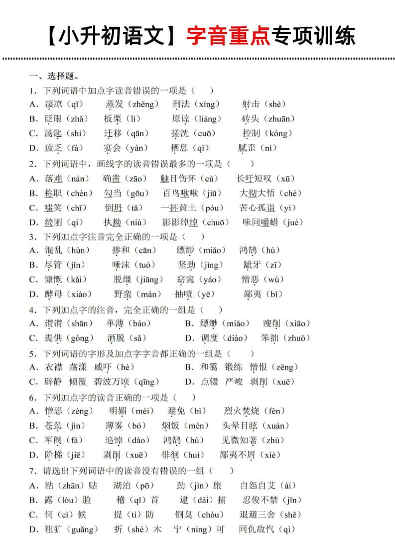 《小升初语文字音重点专项训练》