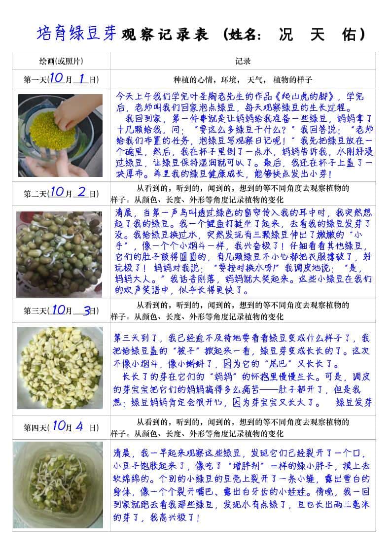 四年级上册语文习作三：培育绿豆芽观察日记2《写观察日记》4页