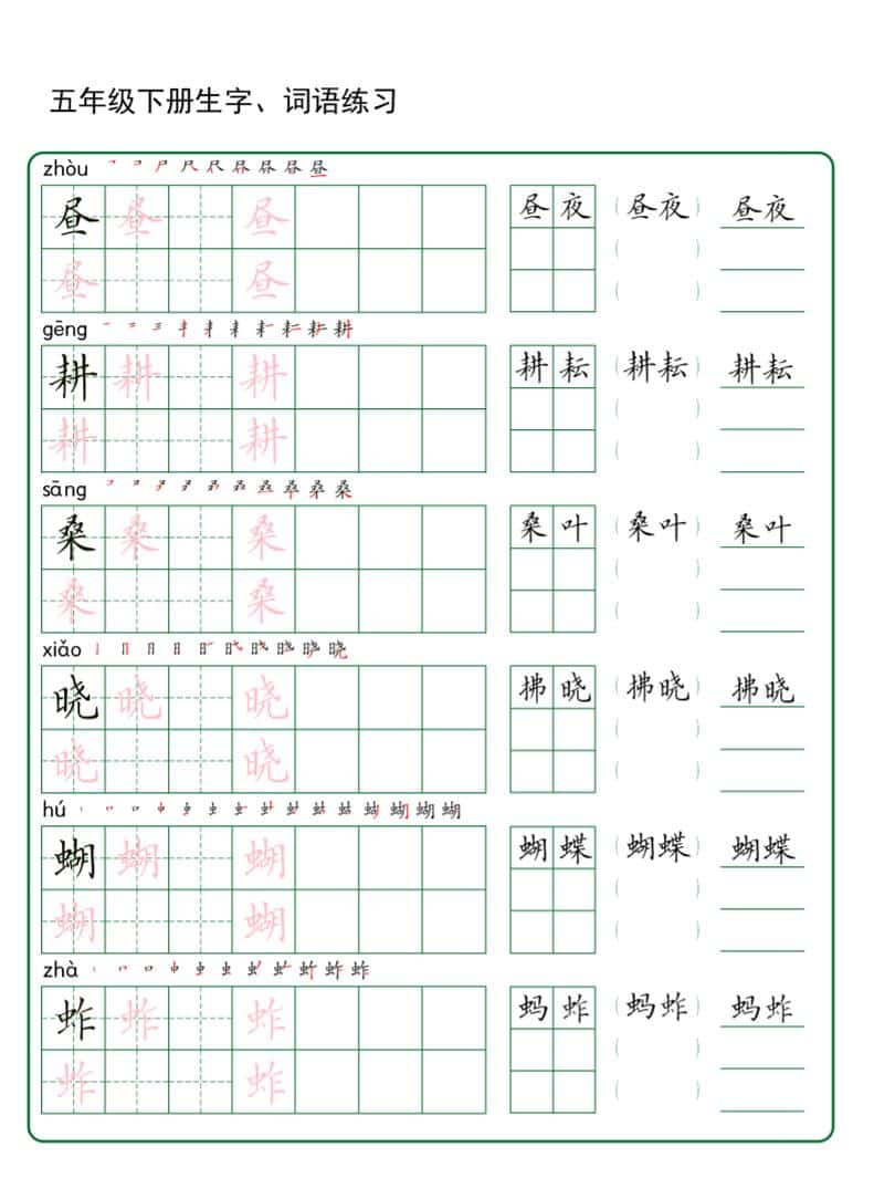 五年级下册语文生字词语练字（秋版）