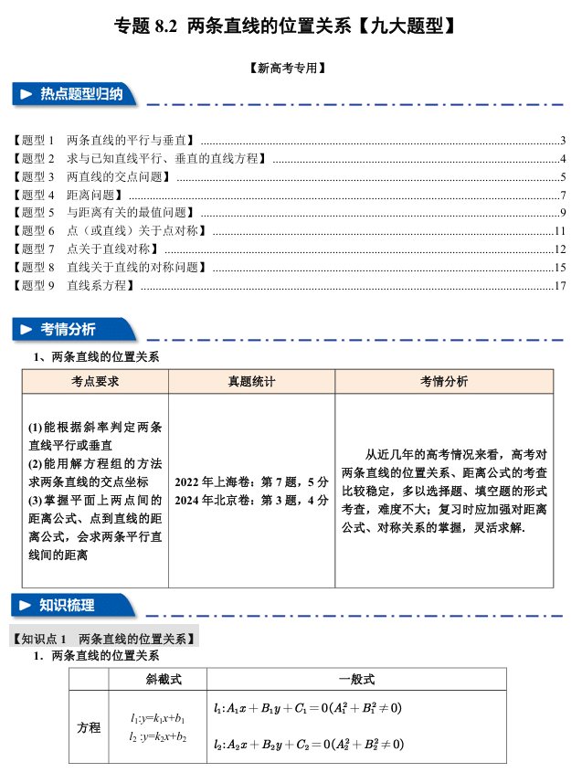 2026年高考数学一轮复习【举一反三】专练(新高考专用)专题练系列 8.2 两条直线的位置关系【九大题型】