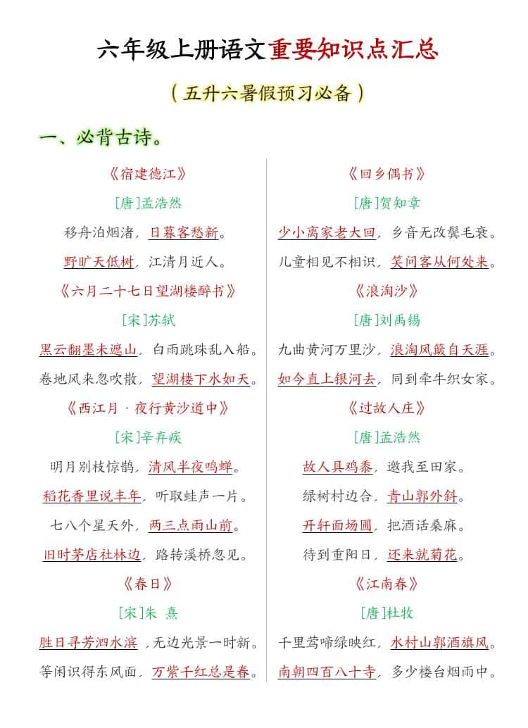 六年级上语文重要知识点汇总