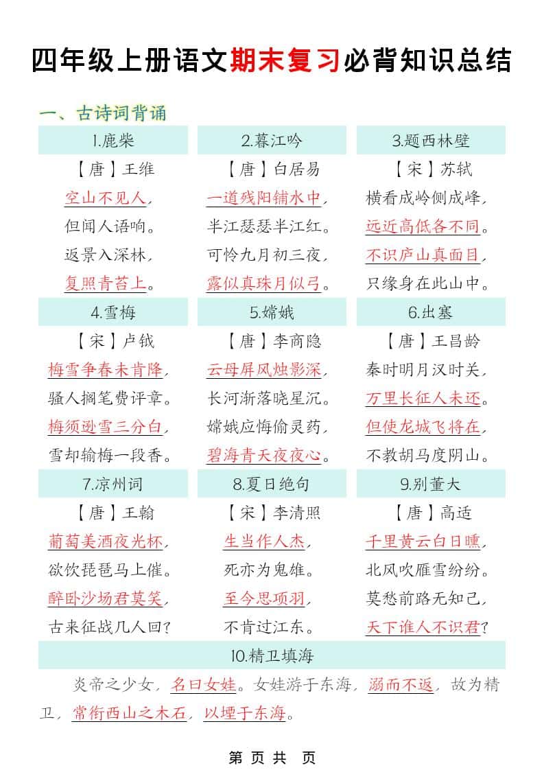 四年级上语文期末复习必背知识总结