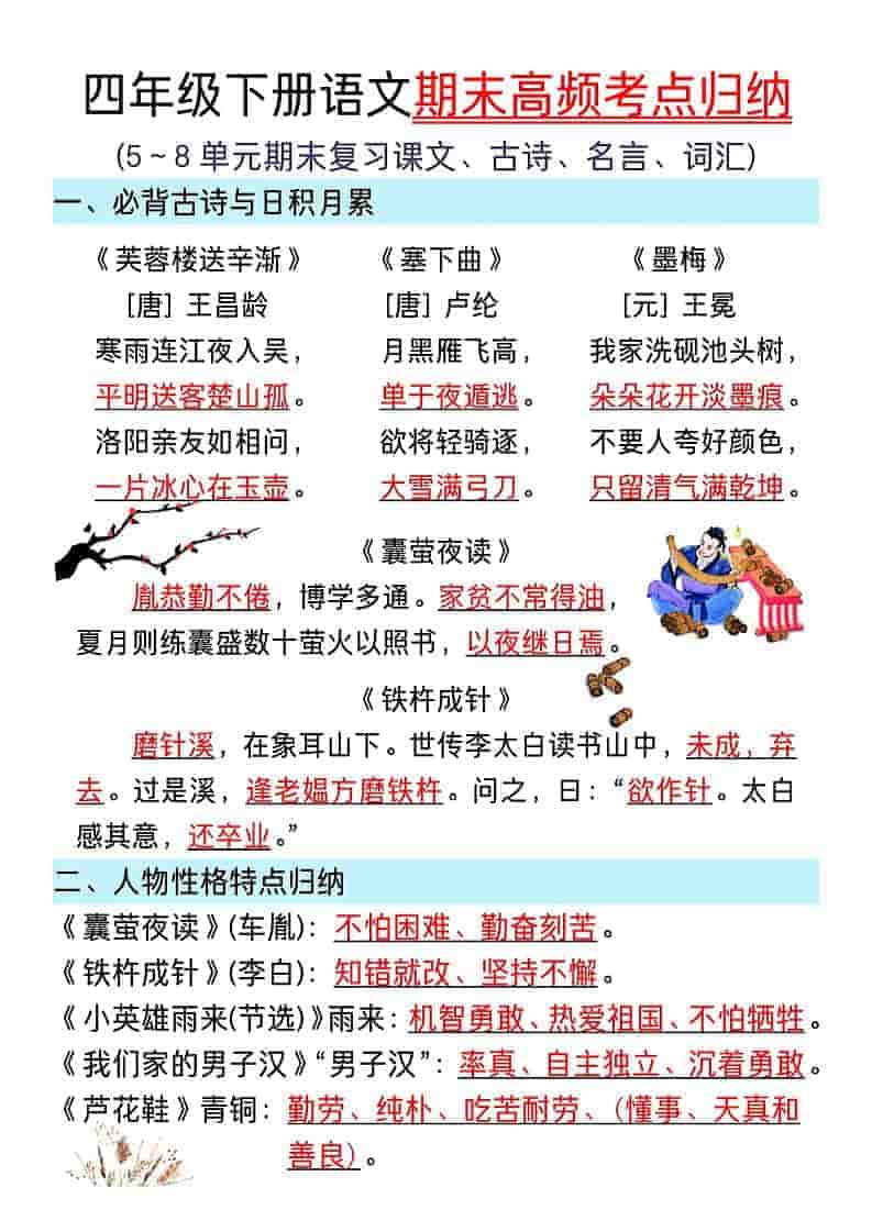 四年级下语文5~8单元期末复习高频考点归纳