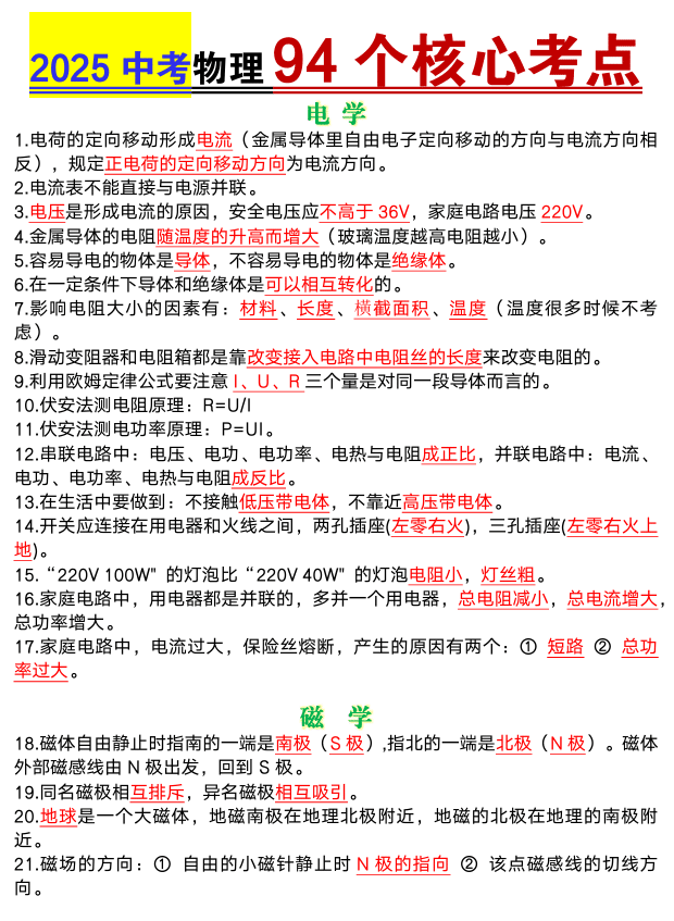 2025中考物理94个核心考点