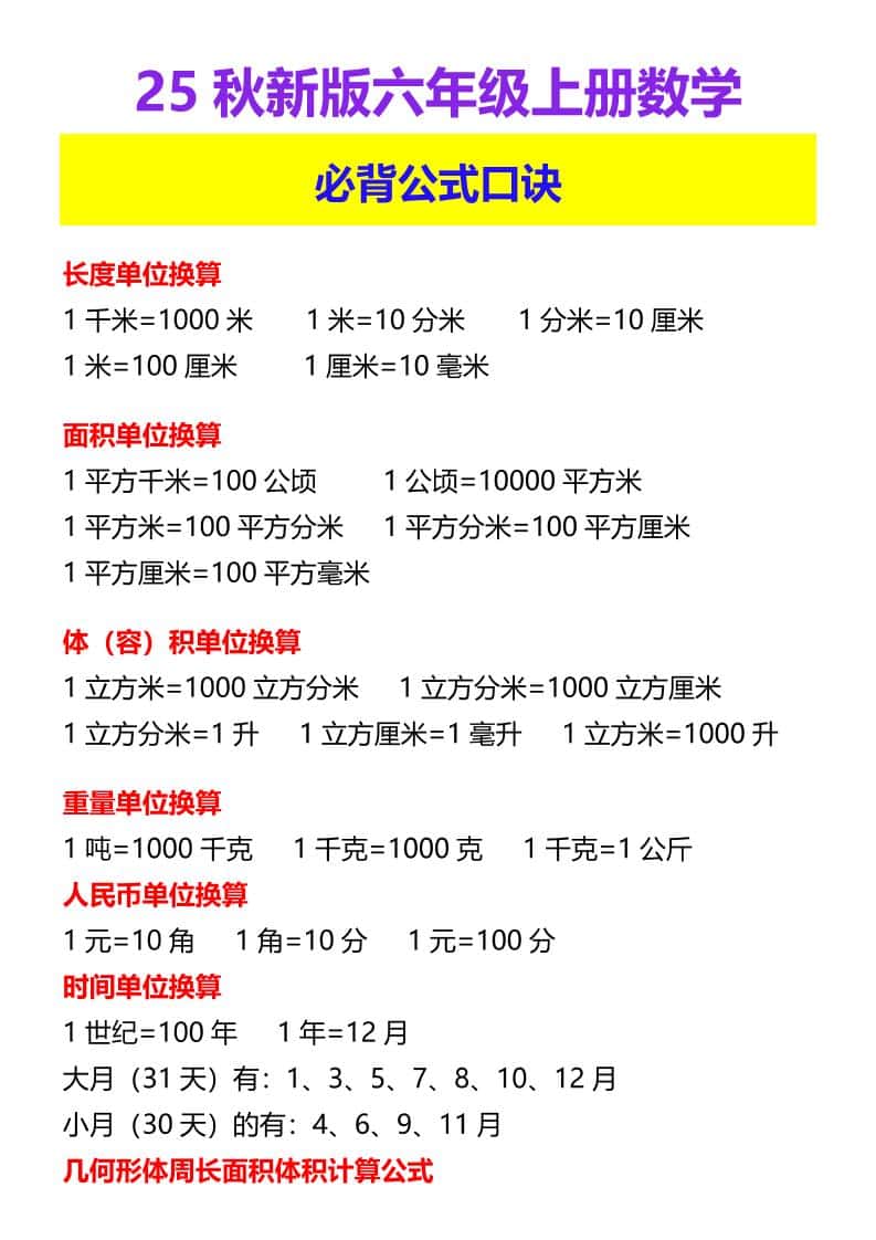 【2025秋新版】六年级上册数学必背公式口诀