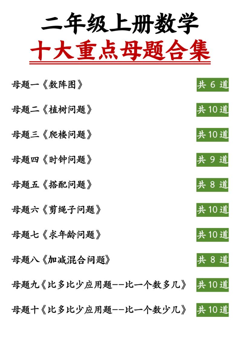 二年级上册数学十大重点母题合集（含答案11页）